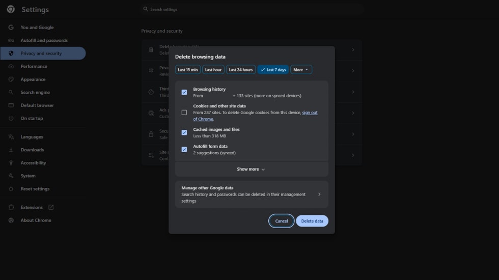 delete browsing data