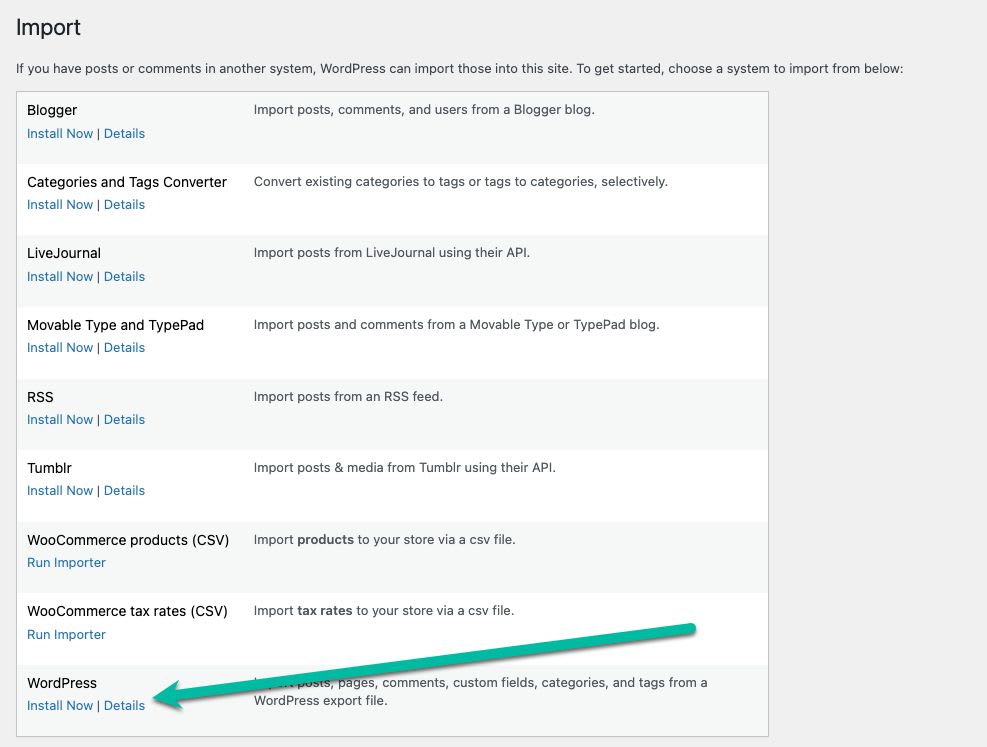 The file you're importing is a WordPress file, so on the resulting Import page, scroll down to WordPress and click Install Now.