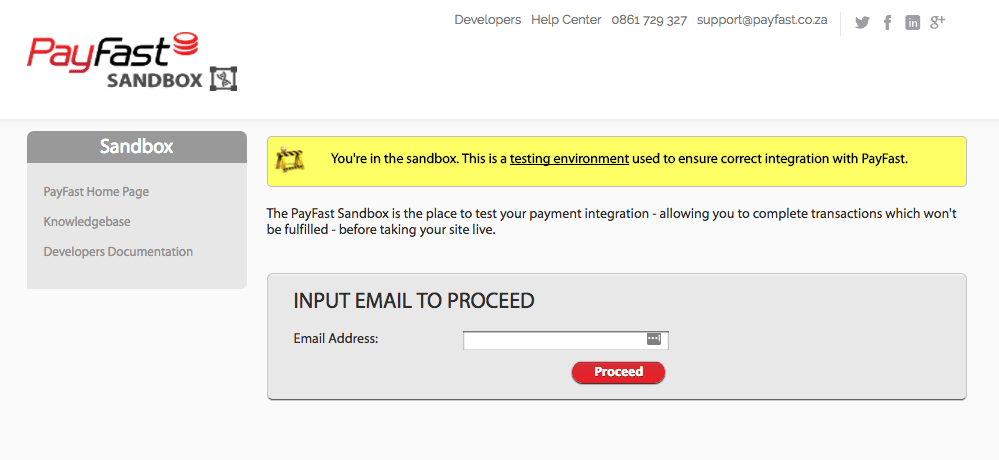 The PayFast sandbox log in page