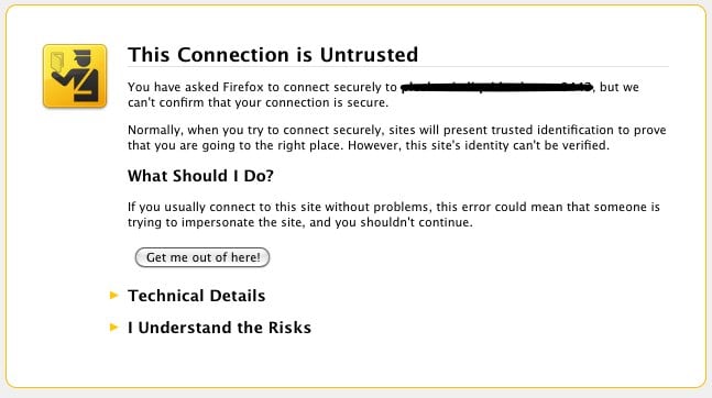 A scary self-signed SSL certificate warning in Firefox.