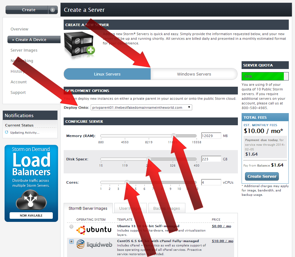 switch/button for Linux or Windows, a dropdown box with a list of server to Deploy Onto, a slider for Memory/RAM, a slider for Disk Space, a slider for Cores