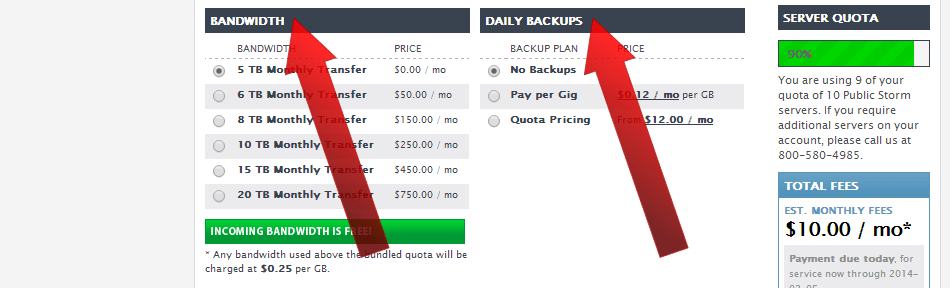 options for Bandwidth packages and Daily Backups