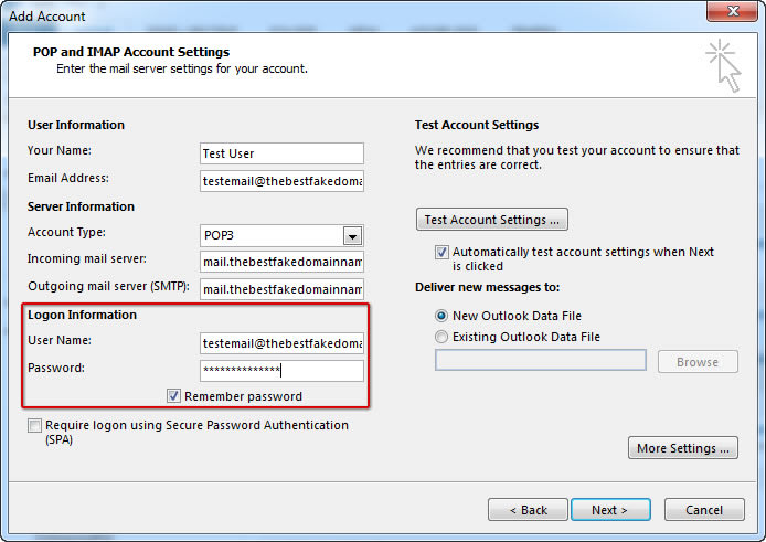 recommended account settings for outlook 2013