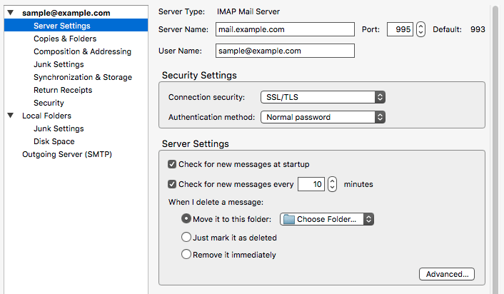 incoming server settings for exchange