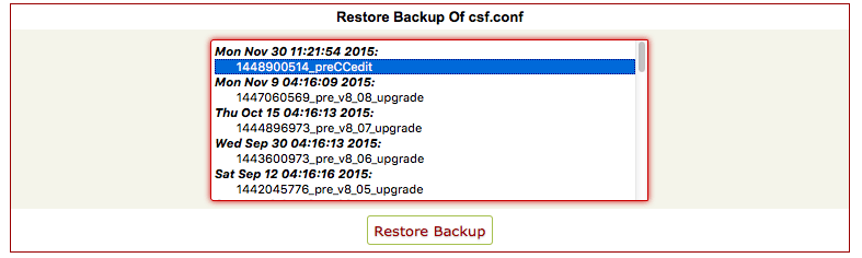 Select CSF config backup to restore