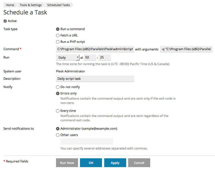 Plesk Scheduler Sked task