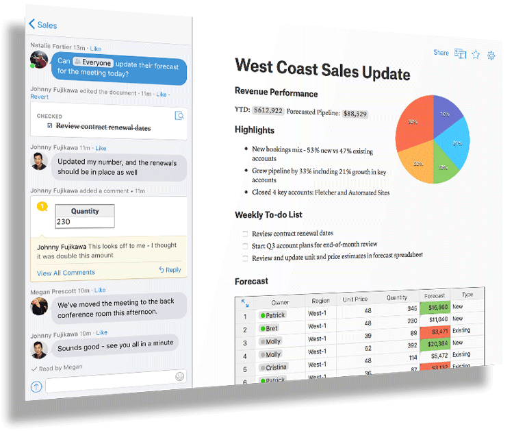 Quip's sidebar shows the document's history.