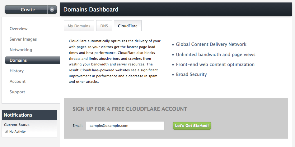 CloudFlare panel in Manage->Domains