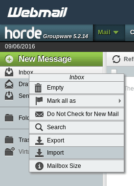 Email Import - Horde Folder Menu