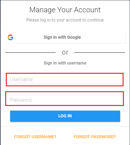 login screen with username and password highlighted