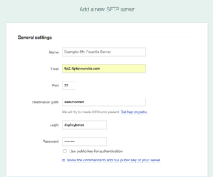 DeployBot configure page setting up SFTP