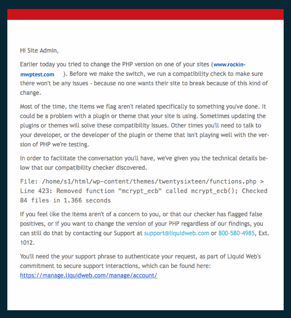 Email notice about failed update