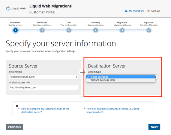 destination server information