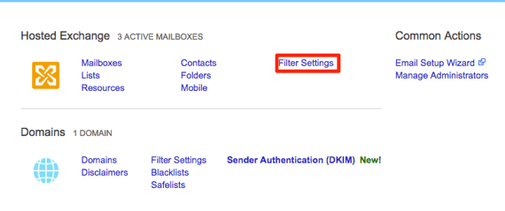 user spam filter settings highlighted