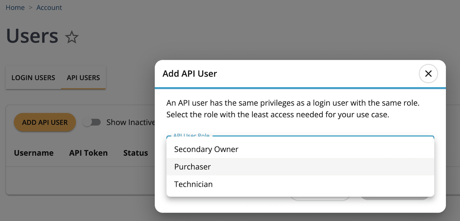 You will see the Add API User pop-up window asking for the type of user you want to create. You should select Purchaser.