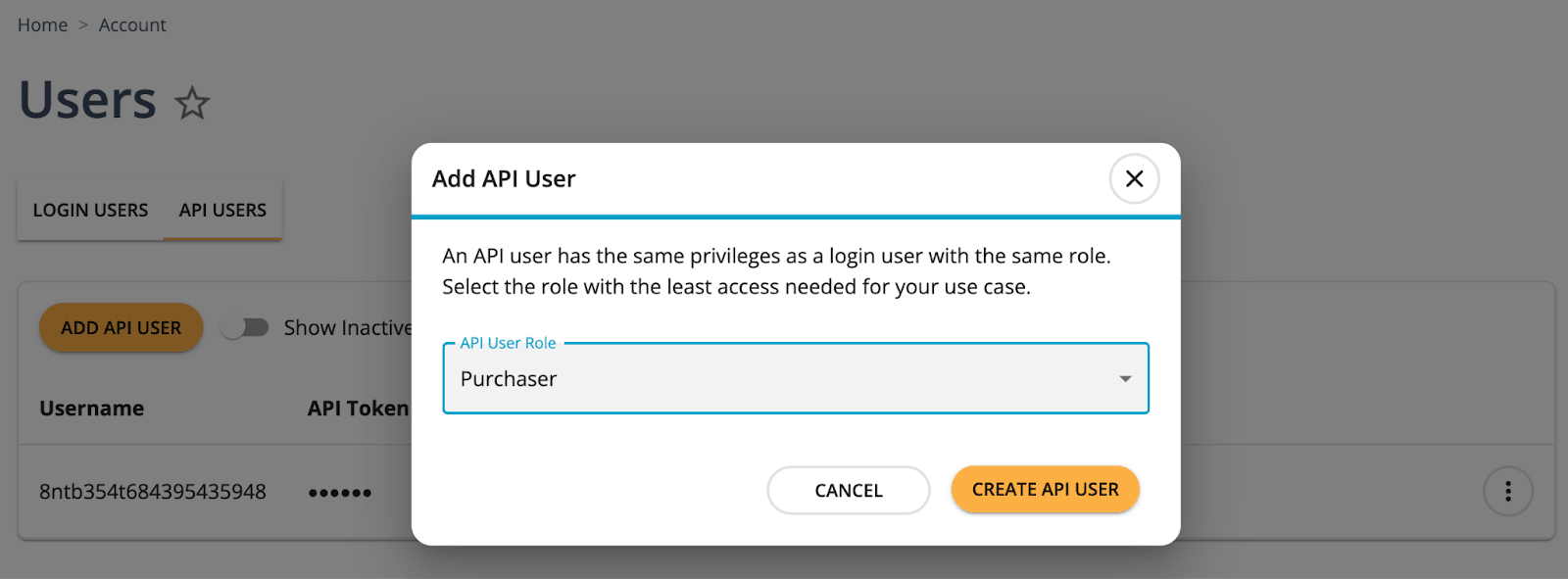 Next, click the CREATE API USER button.