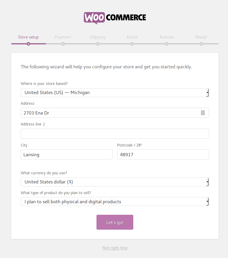 Screenshot of WooCommerce setup wizard