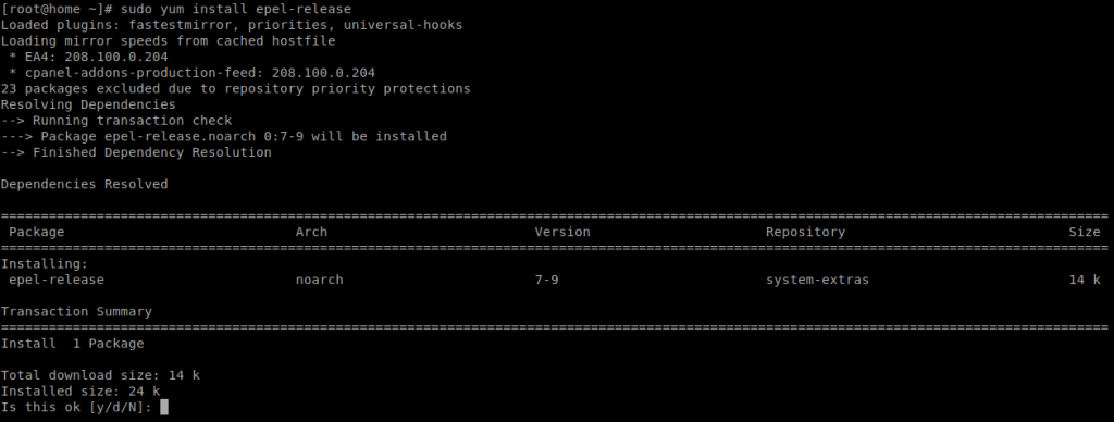 Example of CLI output from installing EPEL repository on CentOS - currently showing the confirmation dialog.