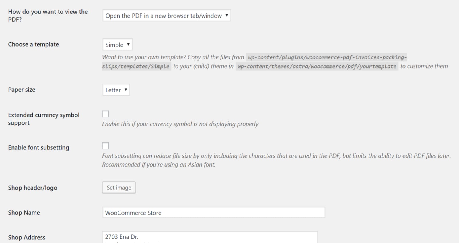 WooCommerce PDF Invoices & Packing Slips General tab