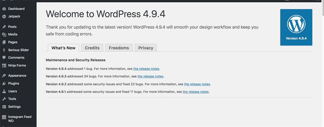 wordpress 4.9.4 updated successfully
