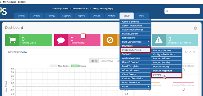 Setup -> Products/Services -> Servers