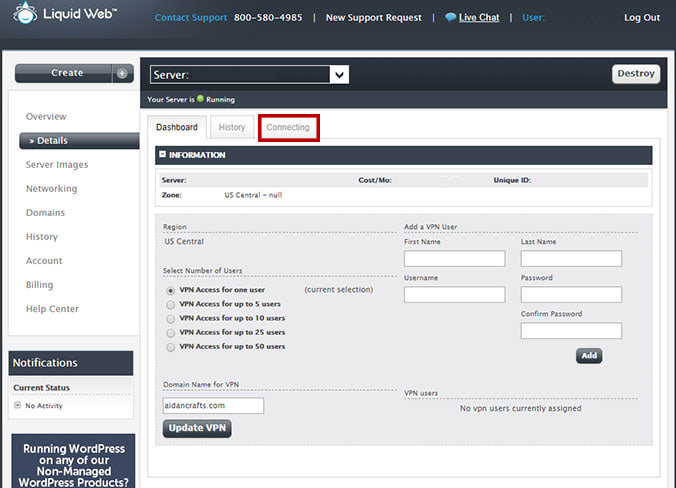 Connecting link in your manage.liquidweb.com portal