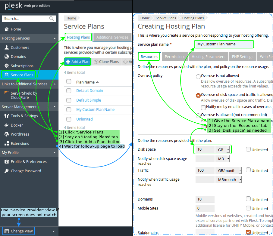 Creating a Service Plan in Plesk