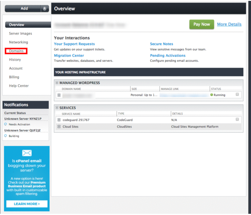 Domains and Email Hosting Tab in manage.liquidweb.com