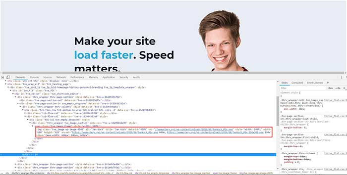 chrome inspect tool on my site to find srcset attribute