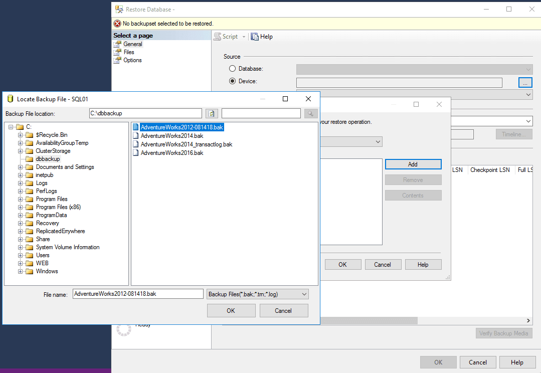 Select the .bak file to import your database into the destination server via SSMS.