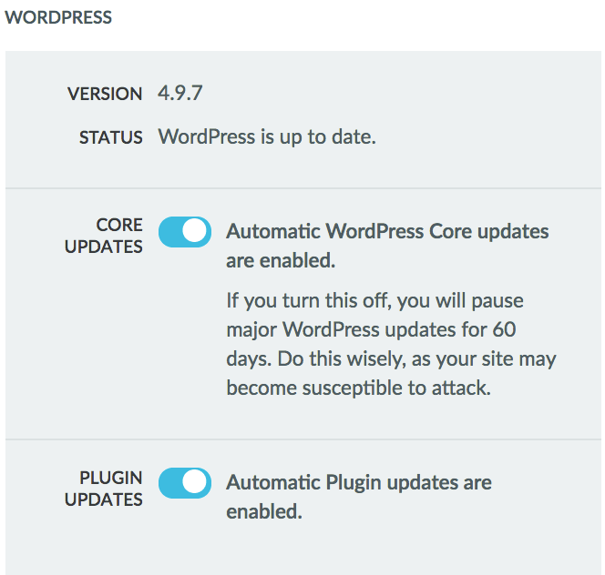 In Managed WordPress you can toggle on and off automatic updates.