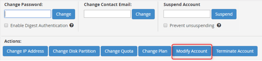 The 'modify account' button changes the primary domain in WHM.