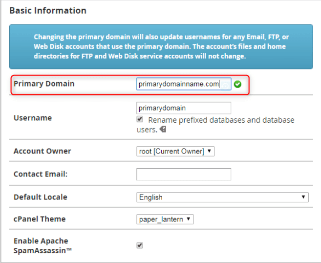 WHM screen indicates where to change the primary domain.