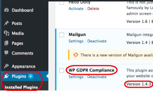 Indentify if you are vulnerable to WP GDPR by locating the plugins menu in WordPress.