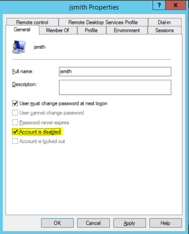 Disable or delete an account within your windows server by using the Windows Management tool.