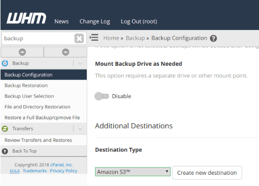 To configure your backups login to WHM and access Backup Configuration >> Additional Destinations.