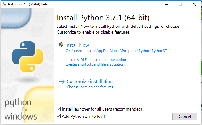 The installion screen of Python on a Windows server.