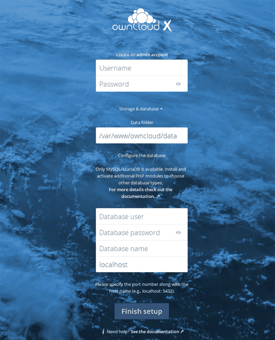 The ownCloud installer prompts you through the set up.