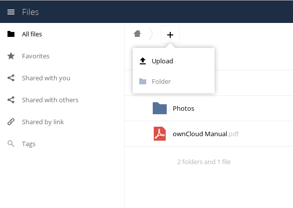 By clicking on the (+) sign you'll be able to upload in ownCloud.