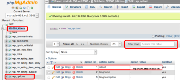 In WordPress' database the wp-options table has the siteurl and home row needed to change the URL.