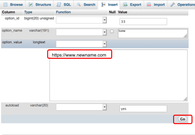 In a WordPress database change the URL by editing the siteurl and home row.