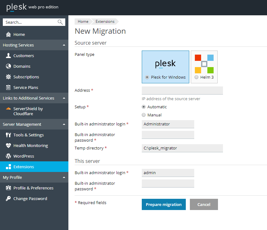 When doing a Plesk to Plesk migration you'll fill out the New Migration request.