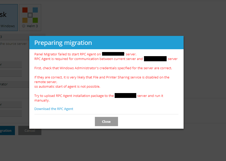 A migration error may pop up when migrating Plesk to Plesk.