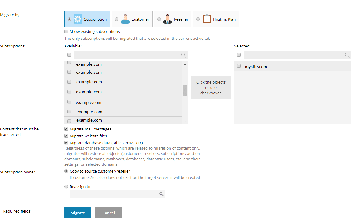 When migrating from Plesk to Plesk you'll be able to move the domain, all mail messages, files and database to a new server.