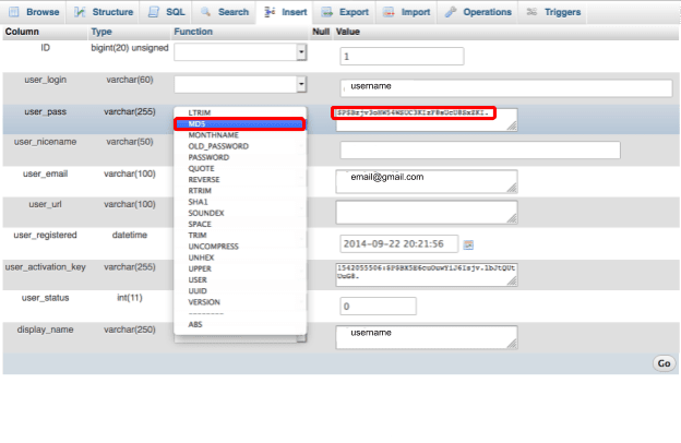 Selecting MD5 in your database allows for the WordPress password to be encrypted.