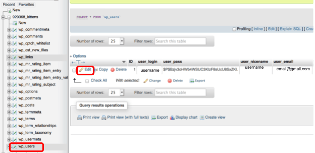 To reset your WordPress password, click on the wp_users table in your database.