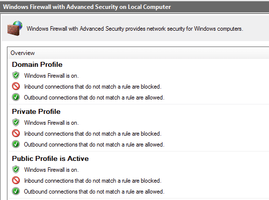 The Windows Firewall shows the different kinds of profiles it employs.