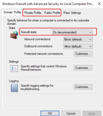 Windows Firewall Properties dialog box