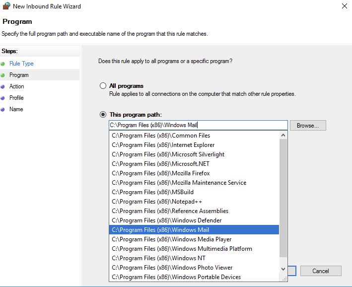 Browse the program path when inputting a new rule.