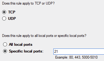 The Protocol and Ports dialog box you'll want to select TCP for FTP connections.